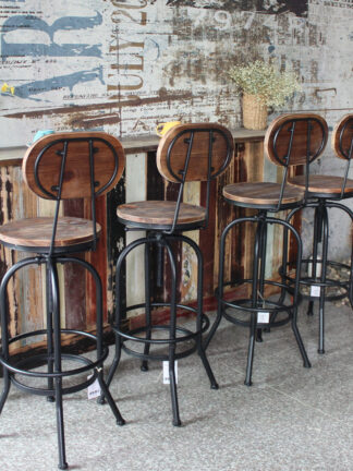 iKayaa Industrial Style Bar Stool Height Adjustable Swivel Kitchen Dining Chair Pinewood Top Metal with Backrest Bar Stools