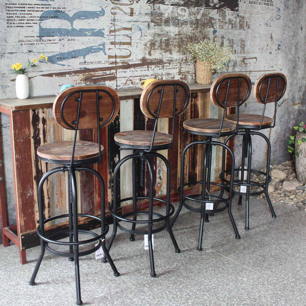 iKayaa Industrial Style Bar Stool Height Adjustable Swivel Kitchen Dining Chair Pinewood Top Metal with Backrest Bar Stools