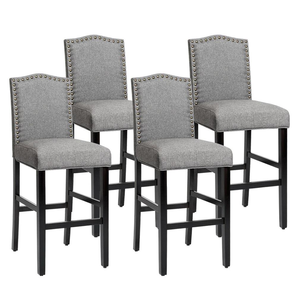 Set of 4 Bar Stools 30'' Upholstered Kitchen Breakfast Nailhead Bar Chairs Gray